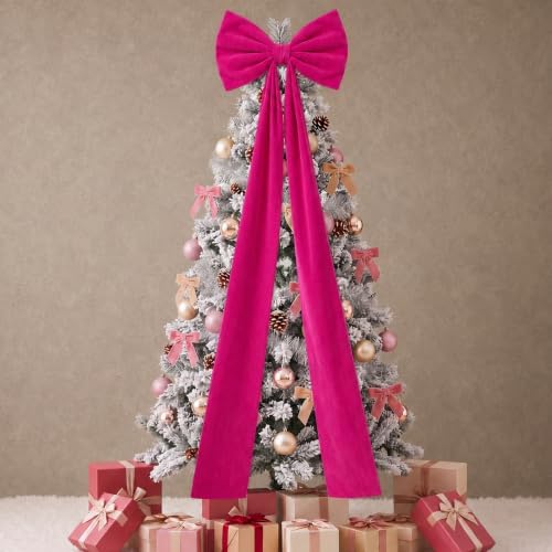 Knitgrip 20 x 71 Inches 1 Pack Christmas Extra Large Velvet Bows Christmas Tree Topper Bow Decor Giant Xmas Front Door Bows with Long Streamers for Home Wreath Wall Backdrop Party (Rose Red) by Knitgrip