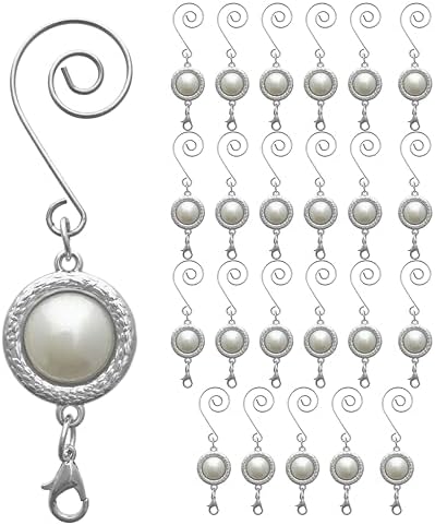 Pearl Christmas Ornament Hooks Set of 24, 3 Inch White Pearl Ornament Hangers with Silver S Hooks and Lobster Claw Clasps, Decorative Xmas Tree Hooks for Ornaments, Holiday Crafts, Accents & Displays by BANBERRYDESIGNS
