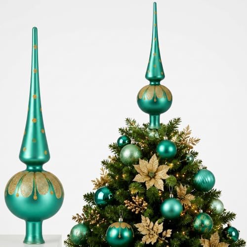 Gejoy Mercury Glass Christmas Finials Tree Topper Vintage German Ornaments Spherical Blown Glass Xmas Tree Topper Finials Green Holiday Indoor Suitable for Party Decoration, 9.8inches by Unknown