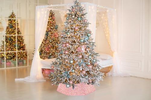 Pink Gold Tree Collar 31.49 Inch Sequin Foldable Christmas Tree Ring Velvet Tree Skirt Cover for 9ft Pencil Tree Holiday Xmas Decor - Image 3