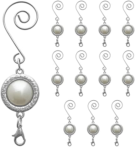 Christmas Ornament Hooks with Pearl, Set of 12 Silver S Hooks with Lobster Claw Clasps, 3 Inch White Pearl Ornament Hangers, Elegant Xmas Tree Accessories for Hanging Ornaments, Holiday Decor Accents by BANBERRYDESIGNS