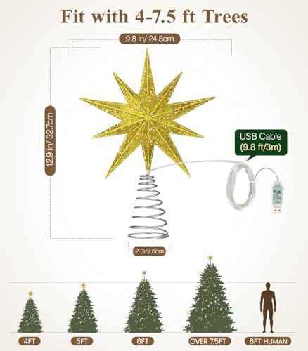Luxspire Christmas Tree Topper, Lighted Star Tree Topper with USB Plug-in & Remote Control, 9.8" Christmas Tree Star Lights for Home Holiday Decor, 6H Timer & 8 Lighting Modes, Gold - Image 5