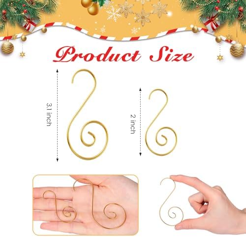 Teenyyou 200 Pcs Christmas Ornaments Hooks, 2 Inch and 3.1 Inch S Shaped Christmas Tree Ornament Hangers Xmas Swirl Metal Hanging Hooks for Xmas Tree Balls Decoration(Gold) - Image 2