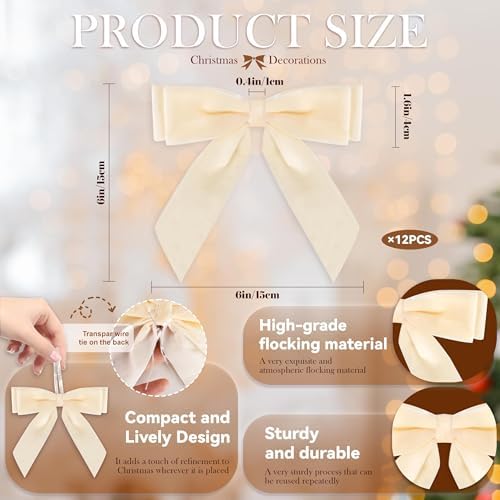 12Pcs Velvet Bows for Christmas Tree, Beige Bows Christmas Decorations with Twist Tie, Bulk Boho Velvet Ornaments for Wreath Garland Gift Wrapping Wedding Champagne Parties Decor, 6 * 6in - Image 5