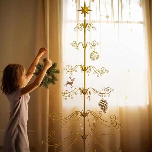 Barton 6.4ft Wrought Iron Ornament Display Christmas Hooks for Ornaments Small Craft Items Tree Easy Assembly and Stand - Gold - Image 2