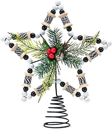 Rattan Star Christmas Tree Topper - Wooden Bead Holly Mistletoe Decor 11.5" by Ornativity
