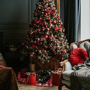 48 Inches Red Black Buffalo Plaid Christmas Tree Skirt Rustic Thick Xmas Tree Skirt with Snowflake Elk and Santa Claus Winter Happy New Year Decoration for Home Holiday Party - Image 7
