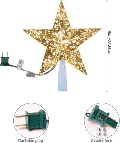 LAMPHOME 9" 10L Christmas Tree Topper,Gold Glitter Star Tree Topper, Golden Chrome Lighted Christmas Star Treetop 10 Warm White Lights, Festive Xmas Tree Top Decoration for Indoor Holiday Home Decor - Image 6