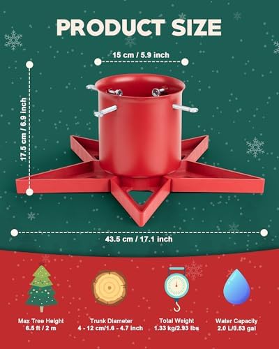 GuuG Real Christmas Tree Stand Base - Live Trees Small Christmas Tree Holder up to 6.5ft Trees for Real Xmas Trees Decoration 0.53 Gal Star (Red) - Image 4