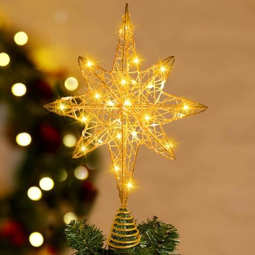 DULEFUN Christmas Tree Topper Lighted 13.5?€? Gold Star Tree Toppers with 20 LED Lights Christmas Tree Top Ornament for New Year Holiday Home Office Indoor Decorations by DULEFUN