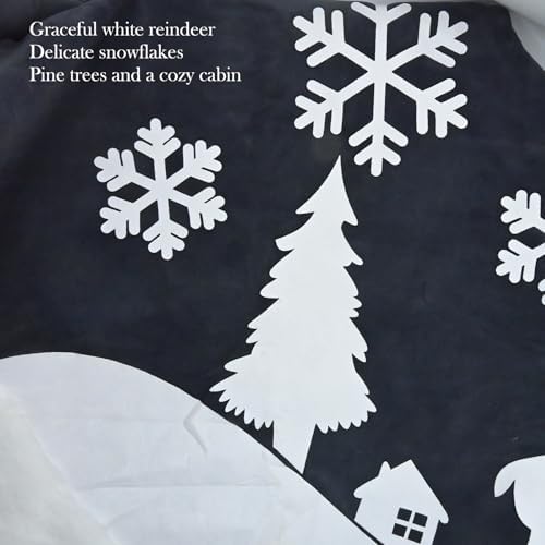 48 Inch Grey Velvet Christmas Tree Skirt – Rustic Holiday Tree Mat with White Elk, Snowflakes, House & Tree Print – Winter Indoor Decoration for Home & Party - Image 3