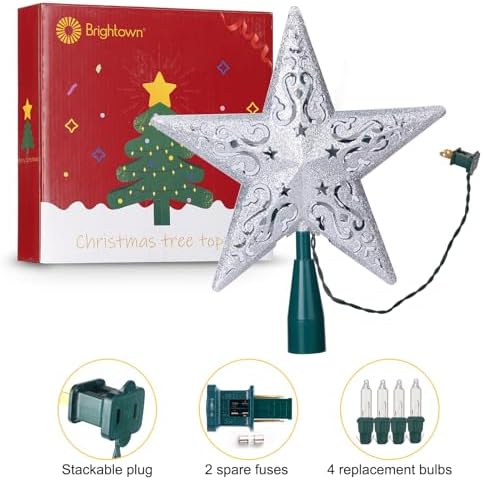 8" Silver Glittered Hollow Christmas Star Tree Topper with Built-in 10-Bulb String Lights and 2 Fuses for Holiday Decor, Green Base - Image 4