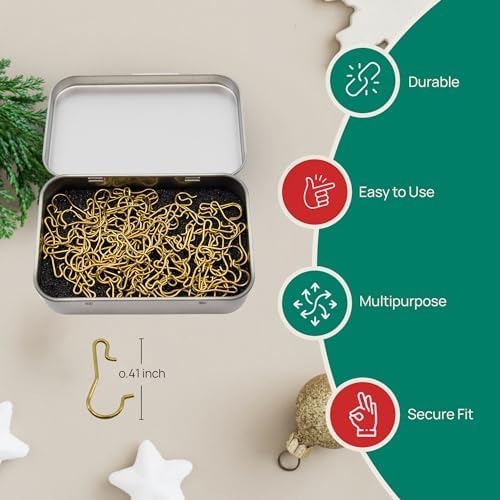 Gold Brass Christmas Ornament Hooks for Hallmark Miniature, 100 Set Tin - Image 3