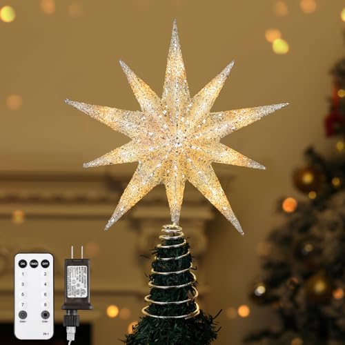 Lewondr Christmas Tree Topper Star, 13inch 10-Point Light Up Xmas Star Treetop with Plug and Remote Control for Home Christmas Decoration, 6H Timer & 8 Lighting Modes, Warm Light, Silver by Lewondr