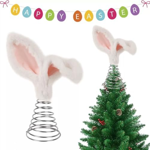 10 Inch White Pink Bunny Ear Easter Day Tree Topper, Bunny Ears Metal Spiral Bunny Ornaments Rabbit Christmas Tree Decor???for Cute Spring Easter Trees Holiday Home Decoration Party Supplie - Image 3