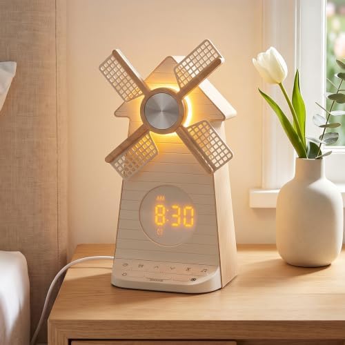 Sunrise Alarm Clock with Rotating Windmill, White Noise Machine for Sleeping with 20 Soothing Sounds, Sound Machine Alarm Clock for Bedrooms Kids Adults, 3-Level Night Light, USB Charger Port by RETEYUNG