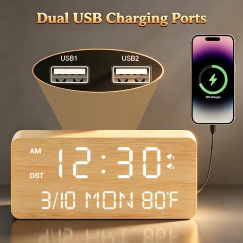 Andoolex Wooden Digital Alarm Clock with Wireless Charging, 0-100% Adjustable Brightness Dimmer and Alarm Volume, Weekday/Weekend Mode, Dual Alarm, Snooze, 12/24H, Wood LED Clock for Bedroom (Bamboo) - Image 3