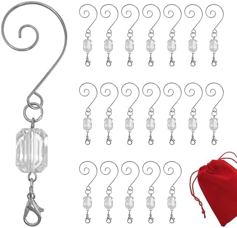 Clear Ornament Hooks Set of 20, Silver Swivel Wire Hangers with Acrylic Gem, 3 Inch Decorative Christmas Ornament Hangers for Tree Decorations, Holiday Display, Gift Tags, Keepsakes & Window Decor by BANBERRYDESIGNS