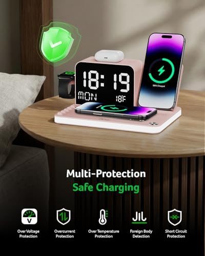 Acer 7-in-1 Wireless Charging Station with LED Clock - 30W Fast Wireless Charger for iPhone 16/15/14/13/12/Pro Max, Apple Watch, AirPods - Bluetooth Auto Time Sync & Night Lights (Pink) - Image 5