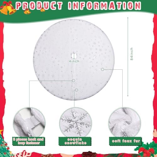 Libima 84 Inches Large Christmas Tree Skirt Faux Fur with Sequins Silver Snowflakes for Xmas Tree Decorations White Ornaments for Merry Christmas Party Winter Holiday - Image 2
