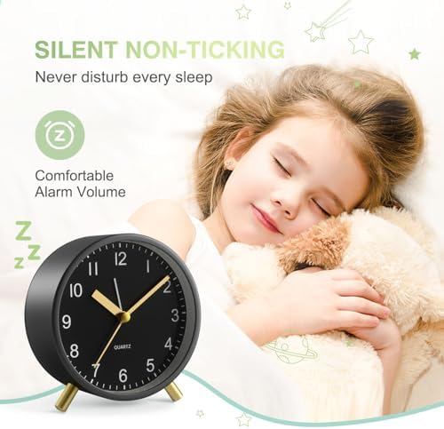 Analog Alarm Clock, Silent Non-Ticking with Night Light, Fashionable Round Metal Alarm Clock for Office, Battery Operated, Clock for Bedroom, Elderly, Adults, Children, Student Gifts - Image 2