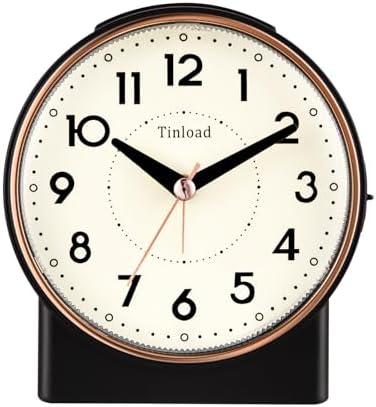 Tinload 4.3" Retro Analog Alarm Clock, Vintage Decor, No Ticking Silent, Easy to Set, Gradual Rise Alarm, On/Off Switch on Side, Gentle Wake, Snooze, Lighted on Demand, Battery Operated, Retro Black by Tinload