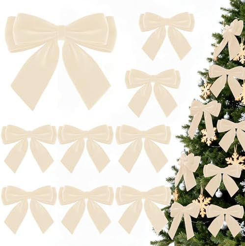 12Pcs Velvet Bows for Christmas Tree, Beige Bows Christmas Decorations with Twist Tie, Bulk Boho Velvet Ornaments for Wreath Garland Gift Wrapping Wedding Champagne Parties Decor, 6 * 6in by CUPLOOV