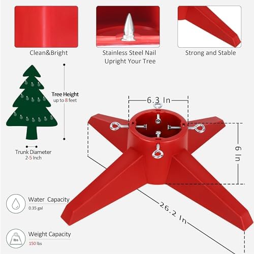 Blissun Christmas Tree Stand, Xmas Tree Base Stand, Christmas Tree Holder for Real Trees, Fits up to 8FT Real and Artificial Trees, Red - Image 2