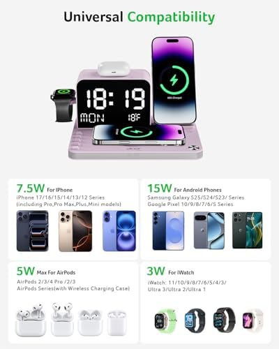 Acer 7-in-1 Wireless Charging Station with LED Clock - 30W Fast Wireless Charger for iPhone 16/15/14/13/12/Pro Max, Apple Watch, AirPods - Bluetooth Auto Time Sync & Night Lights (Purple) - Image 3