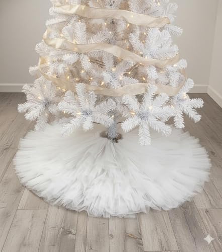 AOGU 60 Inch Fluffy Tulle Christmas Tree Skirt Vintage and Elegant Design Perfect for Christmas Tree Decorations White - Image 2