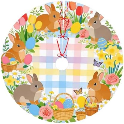 Christmas Tree Skirt, Happy Easter Colorful Easter Egg Bunny Grass On Blue Wooden Xmas Large Tree Mat, Party Decorations 36" inches - Image 6