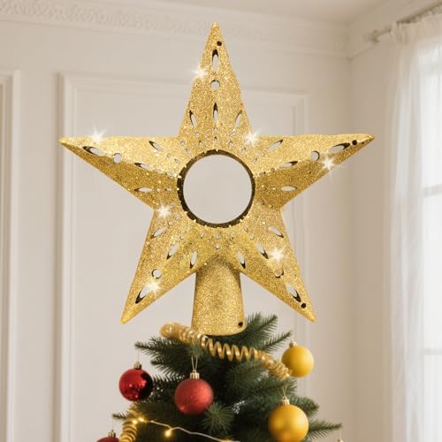 Gold Christmas Tree Topper Star, 12 Inch Glitter Tree Top Decoration, Sparkling Star Ornament for Christmas Tree, Durable ABS Plastic Holiday Decor Accessory, Xmas Tree Topper for Home and Party by IPOW