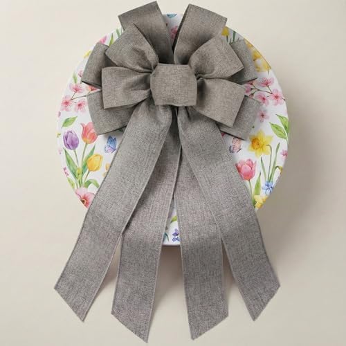 Gray Large Bow for Wreath Tree Topper 11x21 Inch Linen Texture Wired Ribbon Big Bows for Front Door Modern Farmhouse Everyday Decor Gift - Image 3