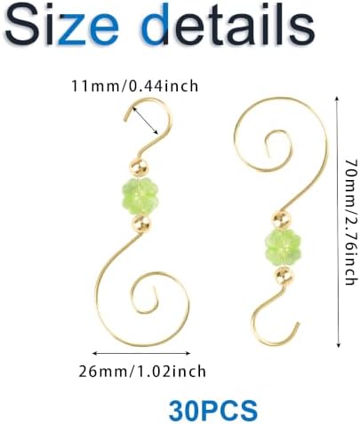 INCREWAY 30PCS Christmas Ornament Hooks with Four Leaf Clover Bead, S-Shaped Decorative Hangers Gold Metal Wire Green Acrylic Beads for Christmas Tree Decorations Party Crafts Door Frame - Image 2
