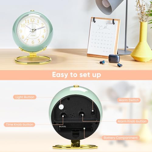 Analog Alarm Clocks,Retro Backlight Cute Simple design Small desk Clock With Night Light,Silent Non-Ticking,Battery Powered,For Kids,teens,Bedroom,travel,kitchen,Bedside Desk decor. (Nostalgic Green) - Image 6