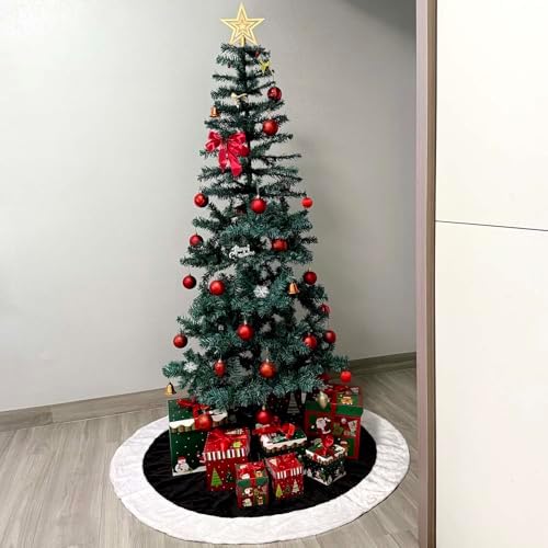 Black Christmas Tree Skirt Faux Fur Christmas Tree Skirt Black and White 48 Inch Neutral Soft Plush Xmas Trees Skirts Mat for Xmas Party Decorations New Year Holiday Home Ornaments - Image 5