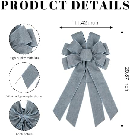 Denim Blue Large Bow for Wreath Tree Topper 11x21 Inch Linen Texture Wired Ribbon Big Bows for Front Door Spring Patriotic Decor Gift - Image 2