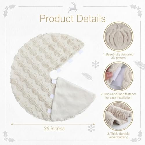 Thenshop Fall Tree Skirt 36 Inch Beige Plush with 3D Pumpkins - Image 2