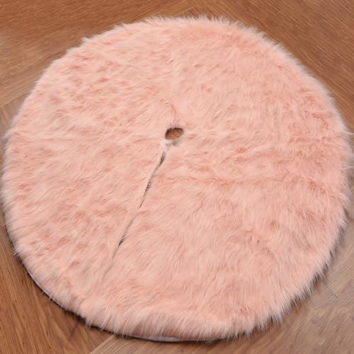 yuboo Salmon Pink Christmas Tree Skirt 48 inches, Fuzzy Fur Pastel Tree Skirt Rug Pink Christmas Decor for Slim Pencil Tree and 6-7 FT Christmas Trees - Image 2