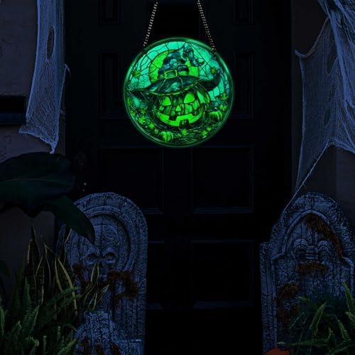 7.9inch Halloween Acrylic Stained Glass Window Hanging Decor Glow in Dark Spooky Pumpkin Wearing a Witch Hat Ornament with Metal Chain & Suction Cup Hook Wall Door Yard Pendant(B) - Image 3
