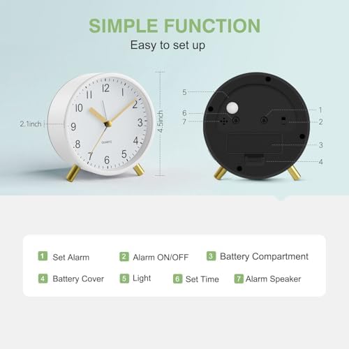 Analog Alarm Clock, Silent Non-Ticking with Night Light, Fashionable Round Metal Alarm Clock for Office, Battery Operated, Bedroom, Elderly, Adults, Children, Kids, Student Gifts - Image 5