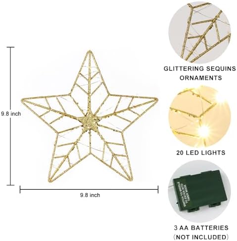 YEAHOME Christmas Tree Topper, Gold Glittered Hollow 5-Point Star Tree Topper for Christmas Tree Decorations, Lighted Wire Star with 20 LED Lights for Christmas Treetop, Xmas Tree Topper with Timer - Image 3