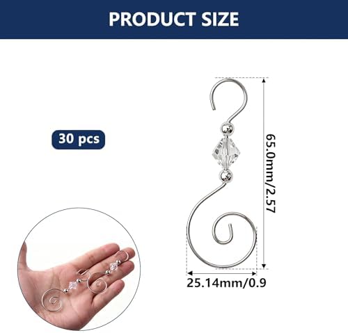 30 PCS Christmas Ornament Hooks, S-Shaped Silver Metal Wire Hangers with Crystal Beads ?€? for Tree Decor, Suncatcher, Party Crafts - Image 2