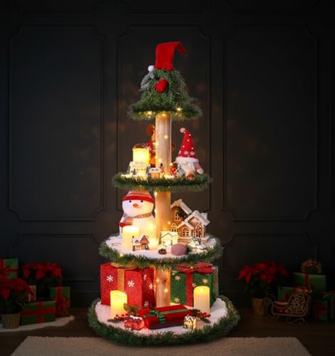 Christmas Tree Xmas Display Stand with Snow Blanket Garland and String Light DIY Wooden Village Display Shelves for Holiday Decoration(4 Tier, 4 ft) - Image 2