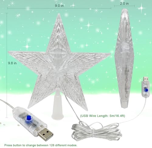 Christmas Tree Topper Star 9.0" LED Lighted Star Tree Top w/Remote Control, 128 Light Modes, Color Changing, Dimmable, Timer, USB Plug in, Wire 16.4Ft Treetop for Xmas Holiday Party Gift Decorations - Image 5