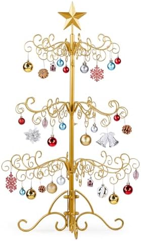 VINGLI 3ft Wrought Iron Christmas Tree w/80 Branch Tips, 3-Tier Metal Display Stand for Gifts, Box, Ornament Display Tree Suit for Holiday, Party, Home Decor, Indoor & Outdoor Decor Hanger, Gold by VINGLI