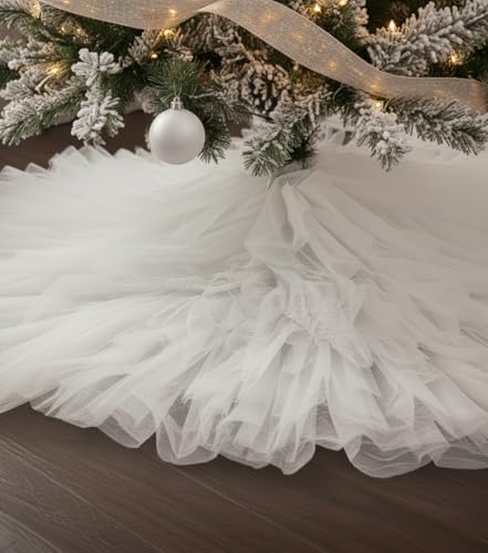 AOGU 60 Inch Fluffy Tulle Christmas Tree Skirt Vintage and Elegant Design Perfect for Christmas Tree Decorations White - Image 4