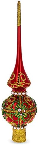Green & Gold Glitter with Pearls Glossy Red Glass Christmas Tree Topper 11 Inches by BestPysanky