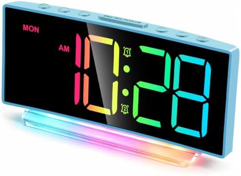 Cadmos Loud Alarm Clock for Heavy Sleepers Adults,Kids,Teens,Digital Desk Clock with USB Port,Large Numbers,7 Color Night Light,Modern Electronic Plug in Simple Clock for Bedroom(Blue+Dynamic) by Cadmos