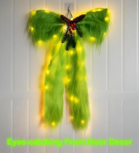 Large Christmas Tree Topper Bow with Lights, Christmas Tree Door Decorations Velvet Plush Hanging Ornaments, Lime Green Bow Berries Wreath for Party Wall Window Mantel Gifts, 47" x 17" - Image 3